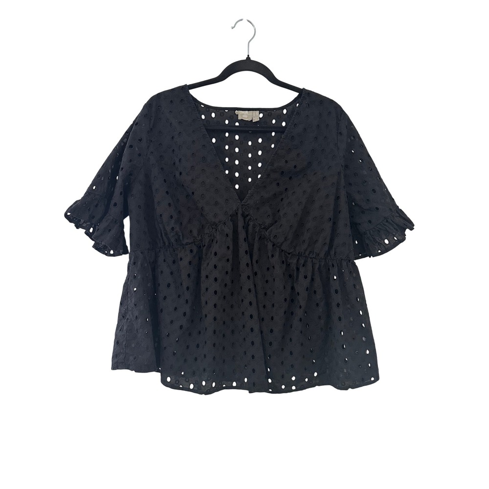 ASOS Women Black Eyelet Cotton V-Neck Ruffle Sleeve Babydoll Blouse Size 16